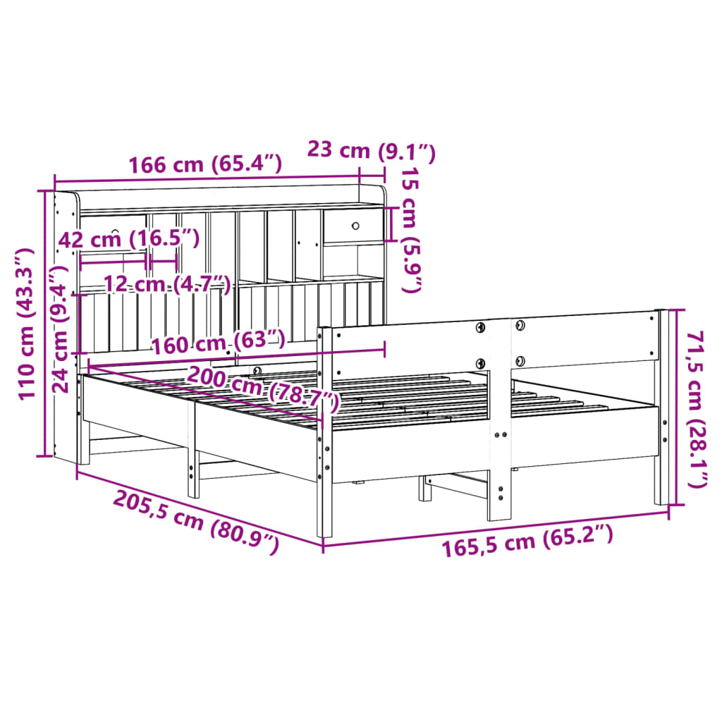 Lit en bois massif avec étagère sans matelas blanc 160x200 cm pin
