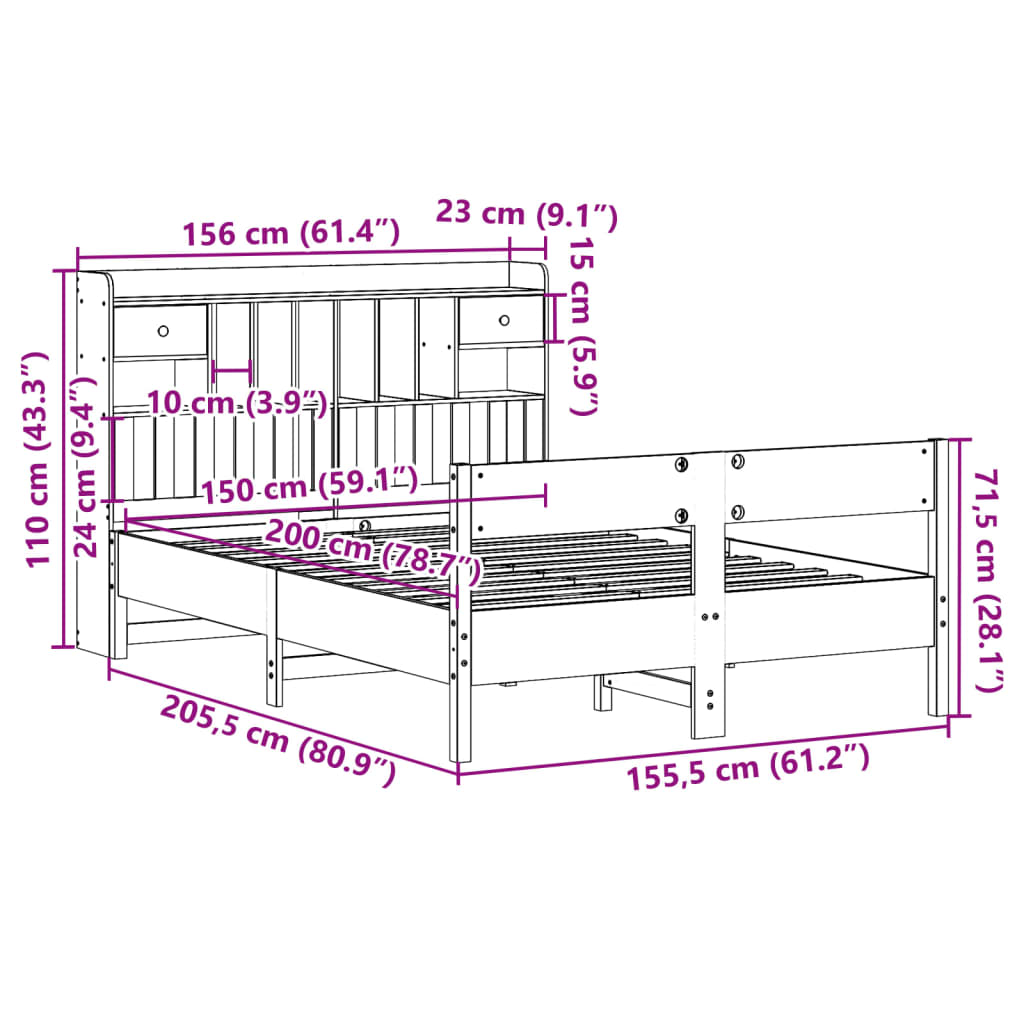 Lit en bois massif avec étagère sans matelas blanc 150x200 cm pin