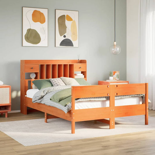 Solid wood bed with shelf without mattress, wax brown, 140x190 cm
