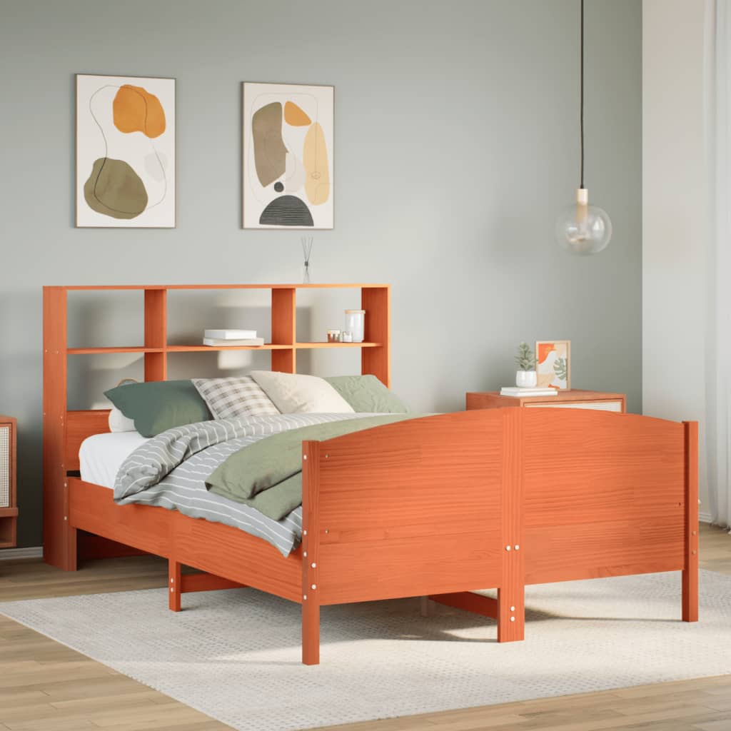 Massivholzbett mit Regal ohne Matratze Wachsbraun 135x190 cm