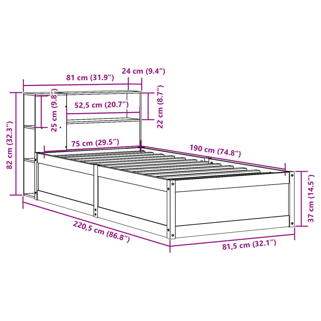 Massivholzbett ohne Matratze 75x190 cm Kiefernholz