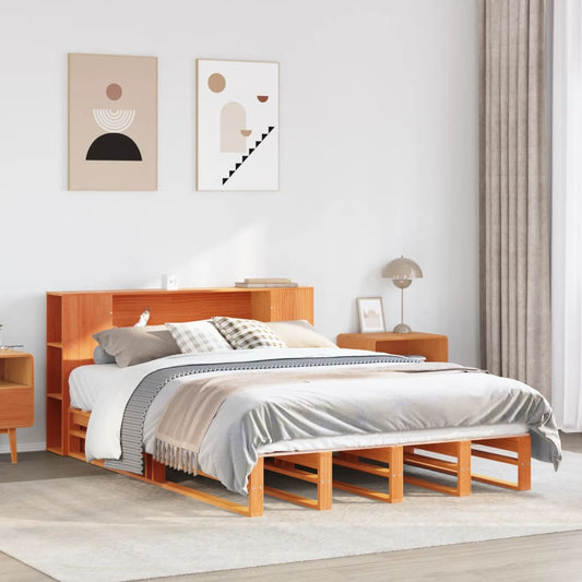Lit en bois massif avec étagère sans matelas, marron ciré, 140x200 cm