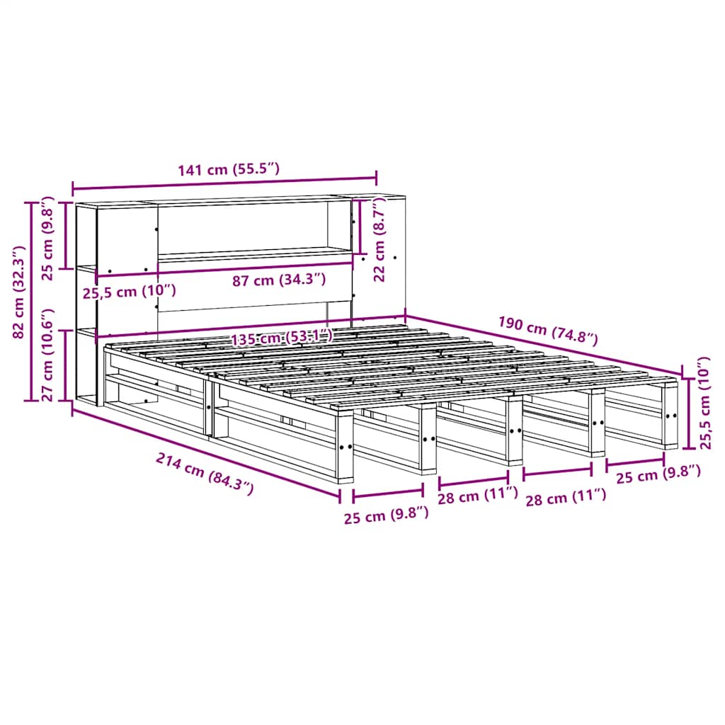 Massivholzbett mit Regal ohne Matratze 135x190 cm Massivholz