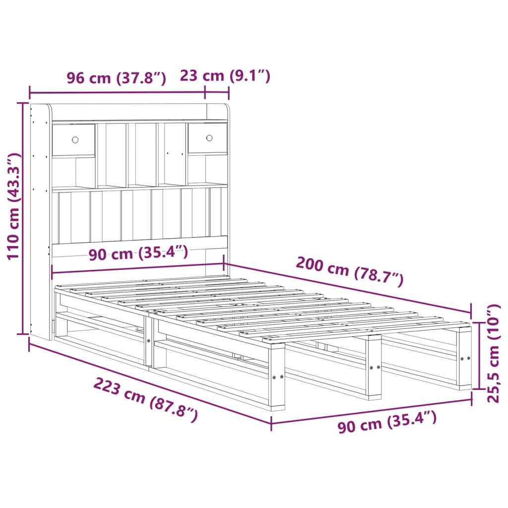 Massivholzbett mit Regal ohne Matratze 90x200 cm Kiefer