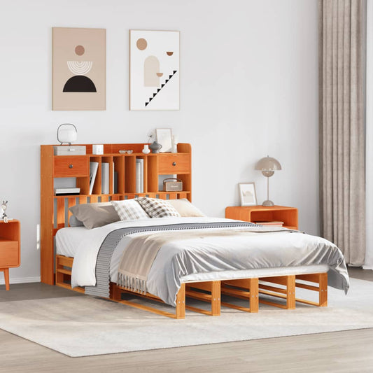 Lit en bois massif avec étagère sans matelas, marron ciré, 135x190 cm