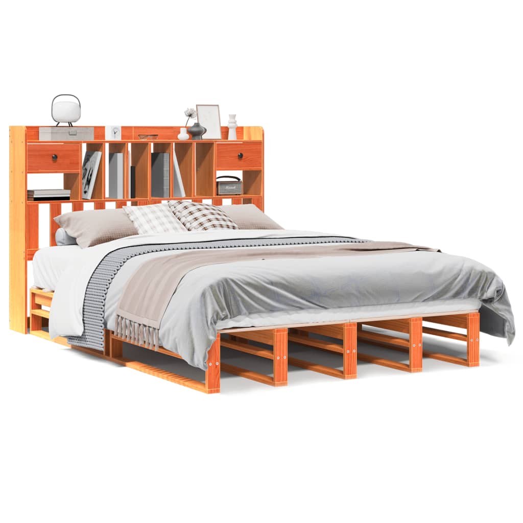 Solid wood bed with shelf without mattress, wax brown, 140x190 cm