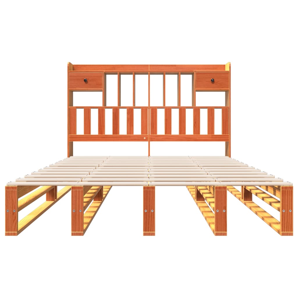Solid wood bed with shelf without mattress, wax brown, 140x190 cm