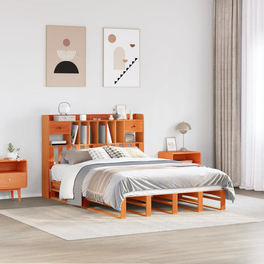 Solid wood bed with shelf without mattress, wax brown, 140x190 cm