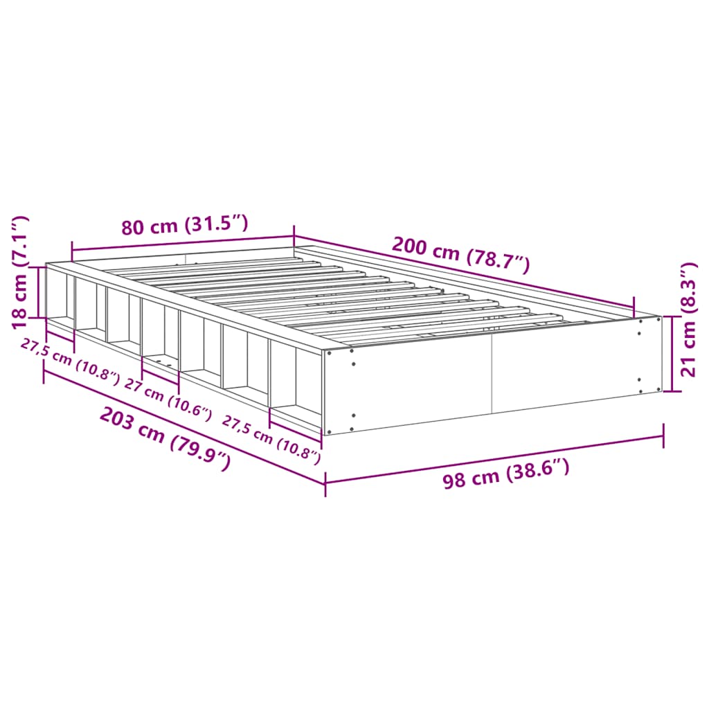Massivholzbett ohne Matratze 80x200 cm Eichenholz