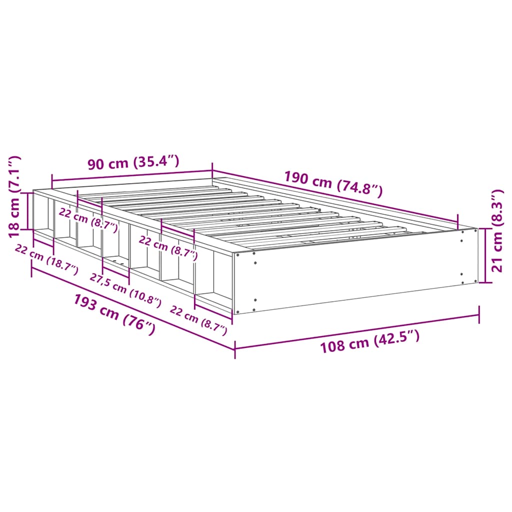 Massivholzbett ohne Matratze 90x190 cm Eichenholz