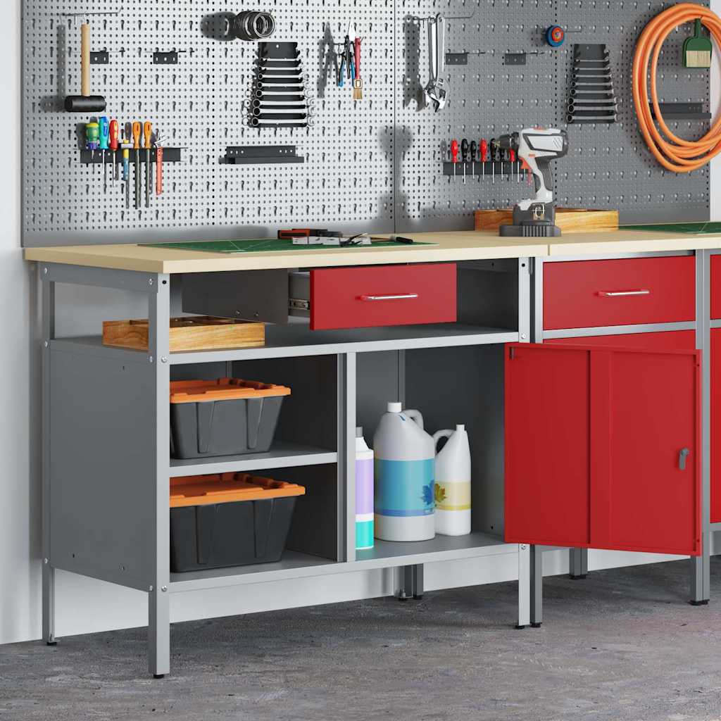 Werkbank mit Schubladen mit Regal Rot und Grau 100 x 55 x 85 cm