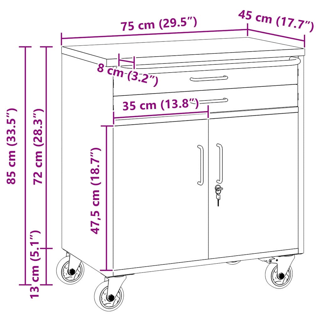 Trolley Rolling Workbench Mit Rad Rot und Grau 75 x 45 x 85 cm