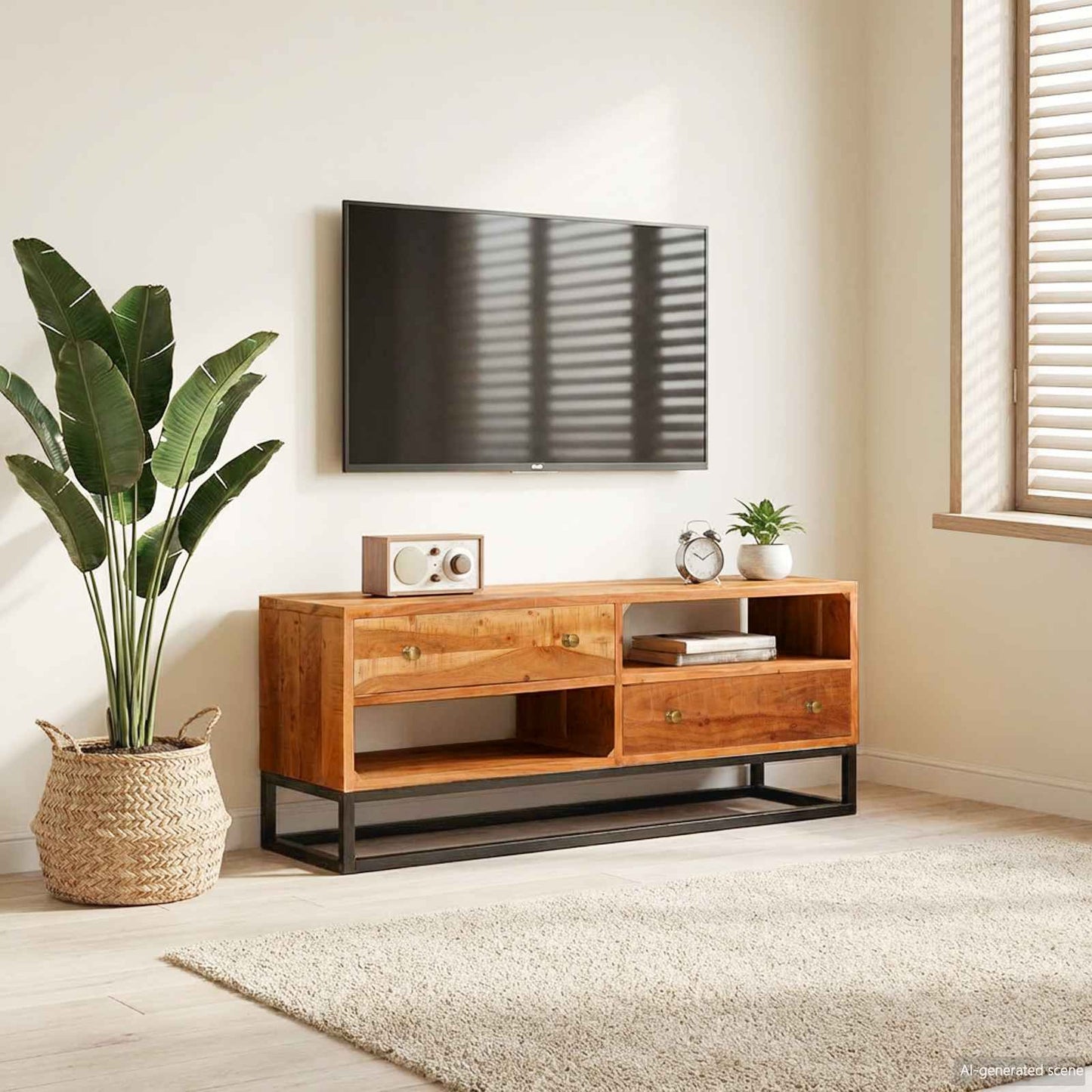 Sideboard mit Tür Beta Natur 70 x 30 x 75 cm Massivholz Akazie