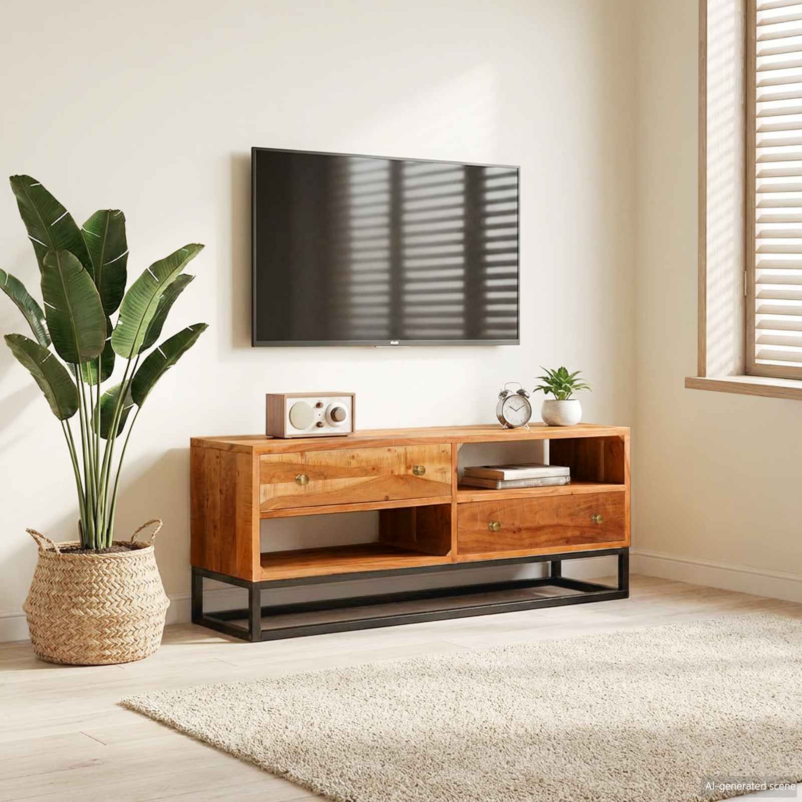 Sideboard mit Tür Beta Natur 70 x 30 x 75 cm Massivholz Akazie
