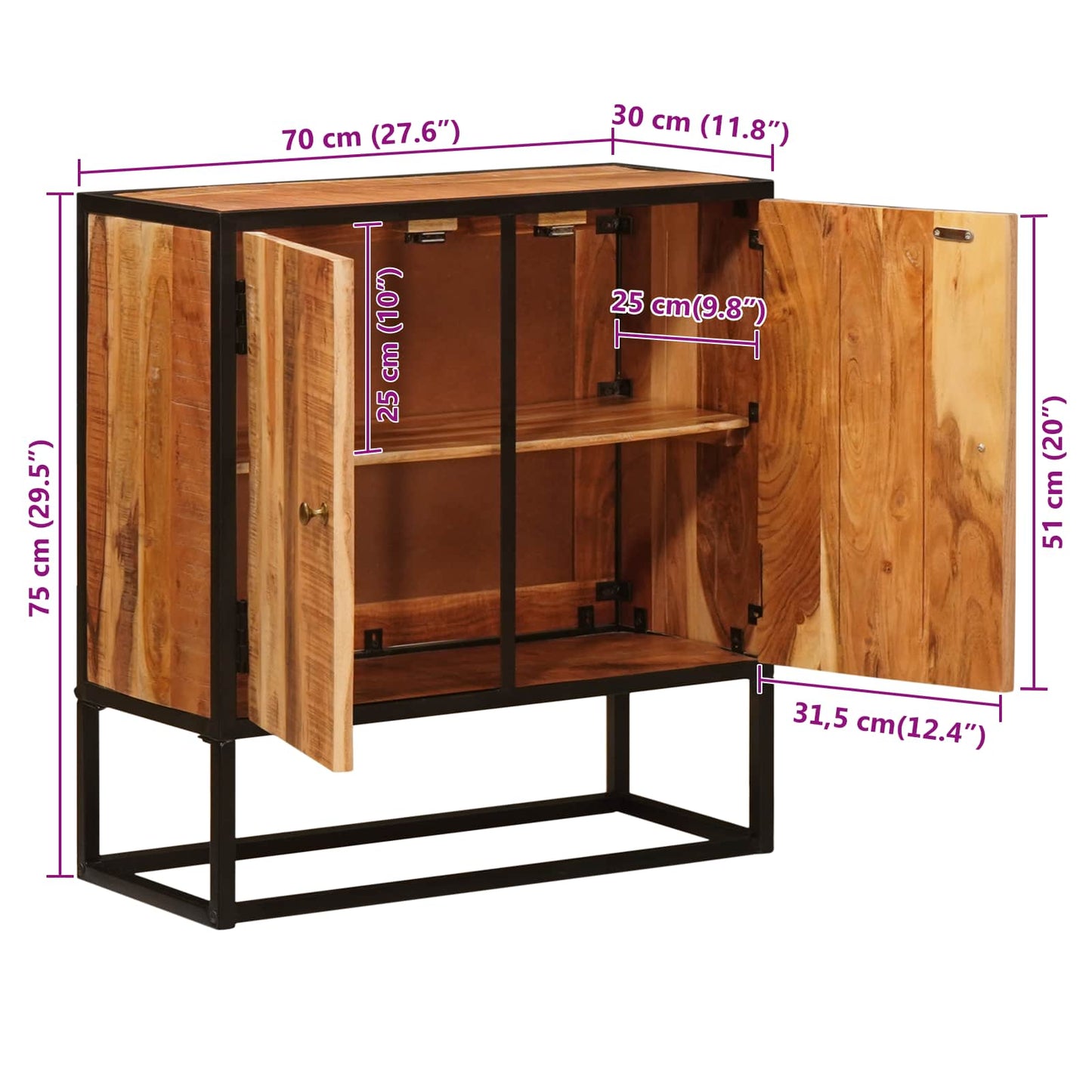Sideboard mit Tür Beta Natur 70 x 30 x 75 cm Massivholz Akazie