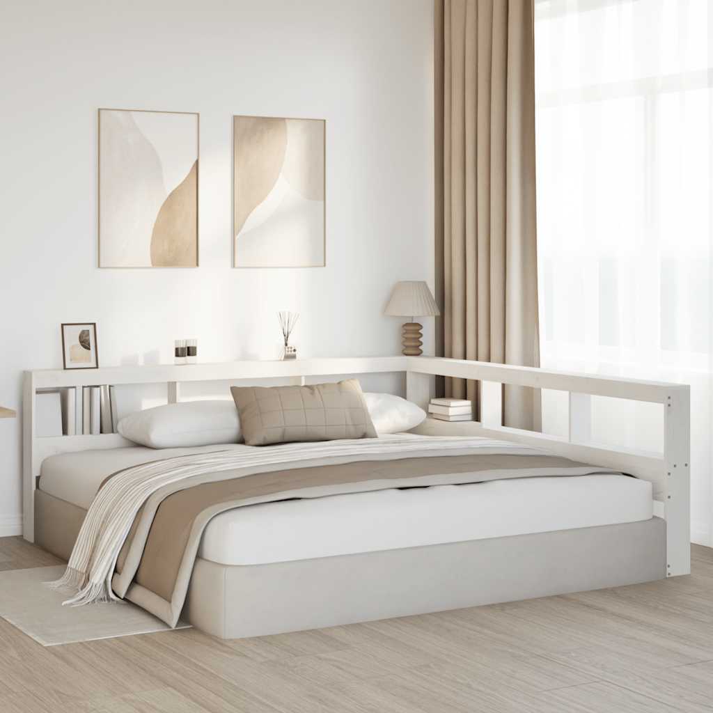 Kopfteil mit Bücherregal L-Form Weiß 200 cm Massivholz Kiefer