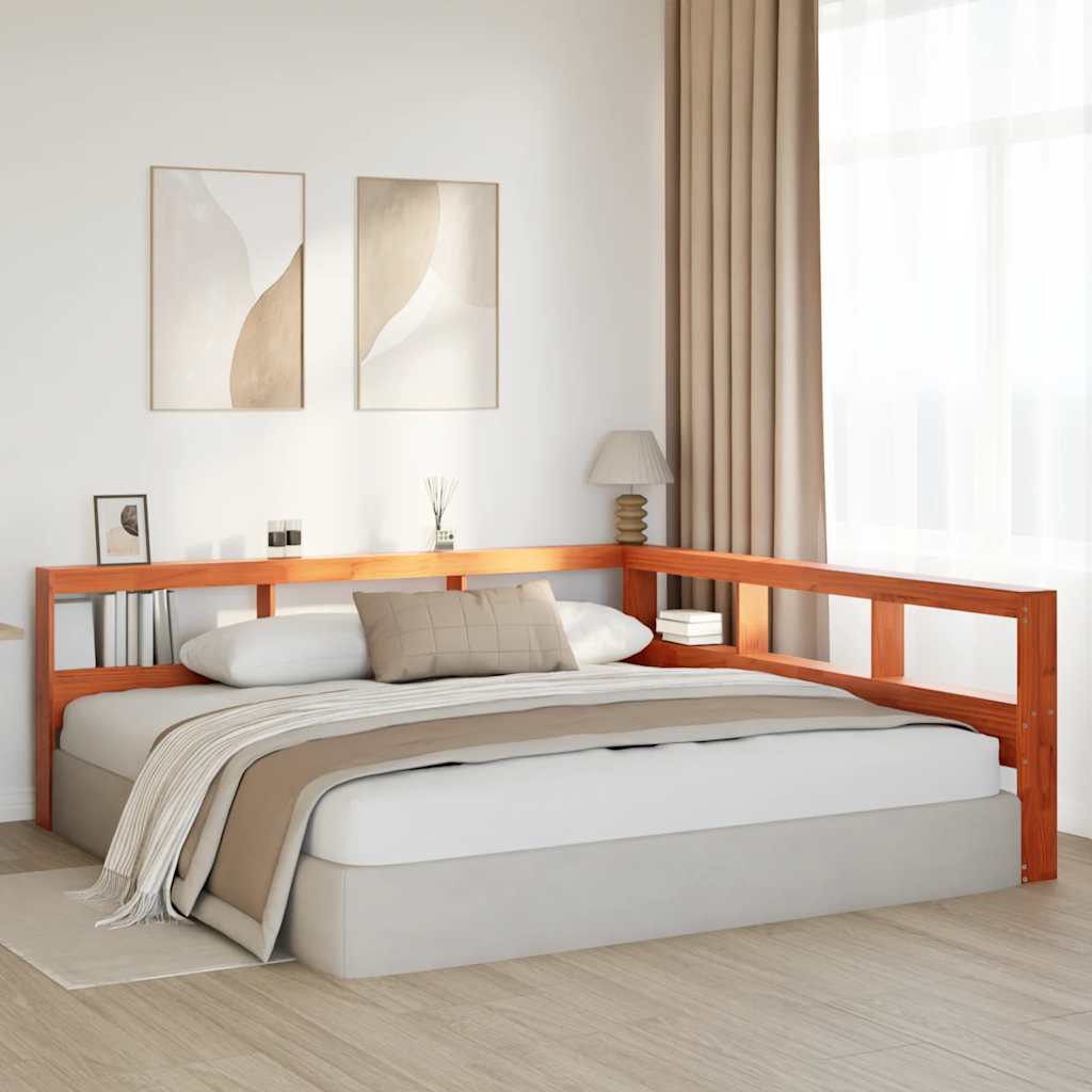 Kopfteil mit Bücherregal L-Form Wachsbraun 200 cm Massivholz