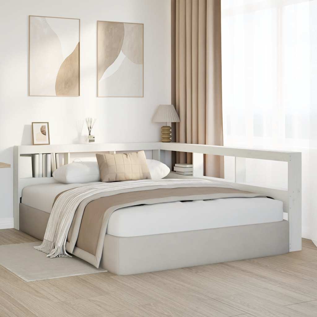 Kopfteil mit Bücherregal L-Form Weiß 160 cm Massivholz Kiefer