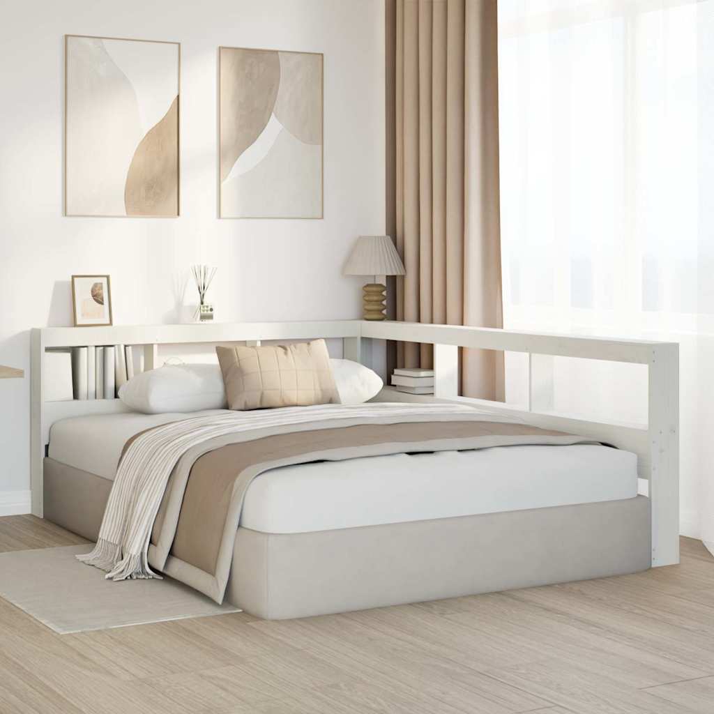 Kopfteil mit Bücherregal L-Form Weiß 150 cm Massivholz Kiefer