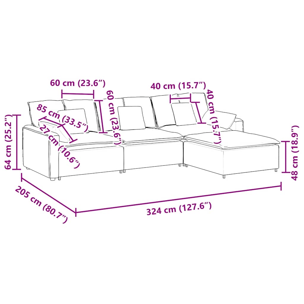 Modulares Sofa mit Fußhocker und Kissen Hellgrau