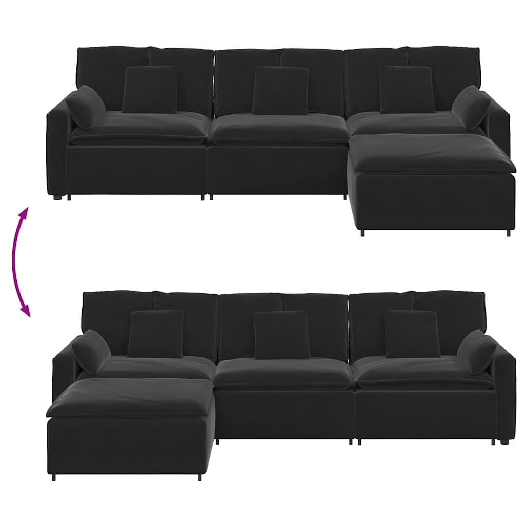 Modulares Sofa mit Fußhocker und Kissen Schwarz