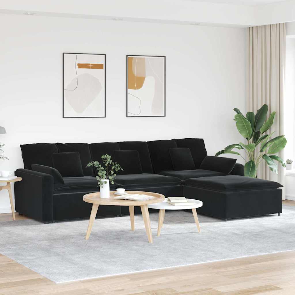 Modulares Sofa mit Fußhocker und Kissen Schwarz