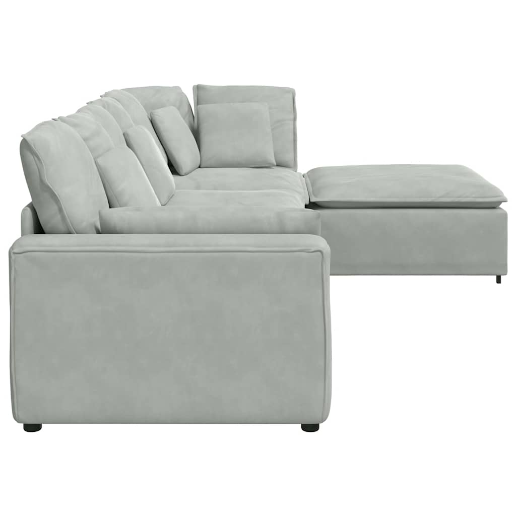 Modulares Sofa mit Fußhocker Kissen Samt Hellgrau