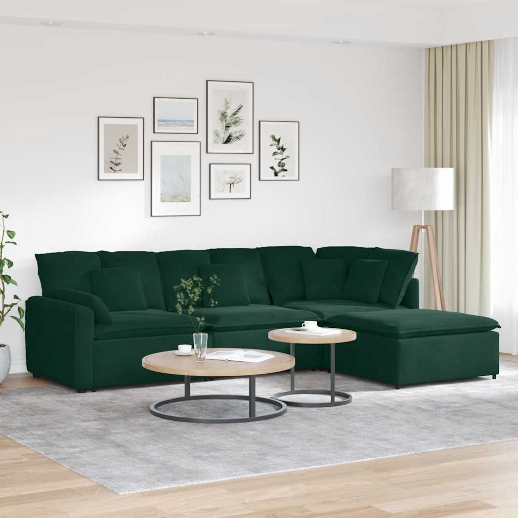 Modulares Sofa mit Fußhocker Kissen Samt Dunkelgrün