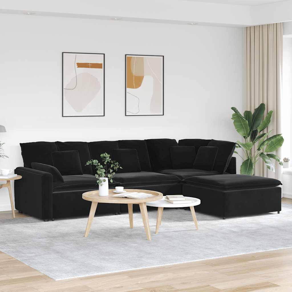 Modulares Sofa mit Fußhocker Kissen Samt Schwarz
