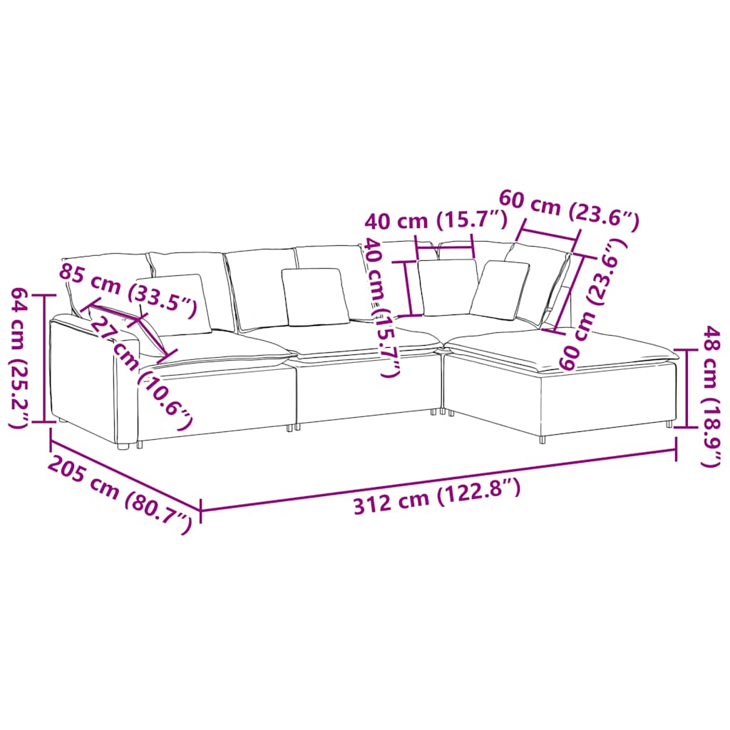 Modulares Sofa mit Fußhocker Kissen Samt Cream