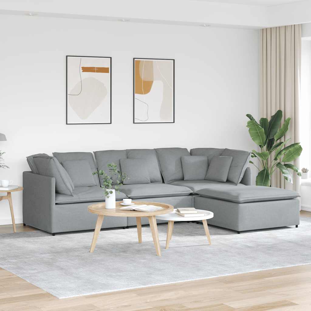 Modulares Sofa mit Fußhocker Kissen Stoff Hellgrau