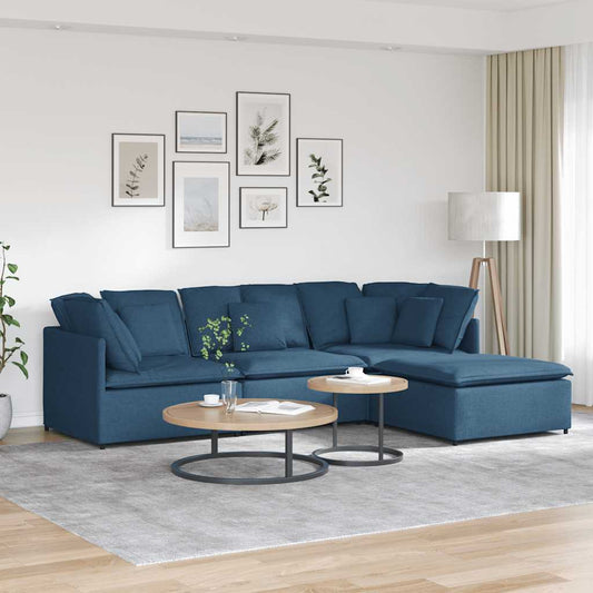 Modulares Sofa mit Fußhocker Kissen Stoff Blau