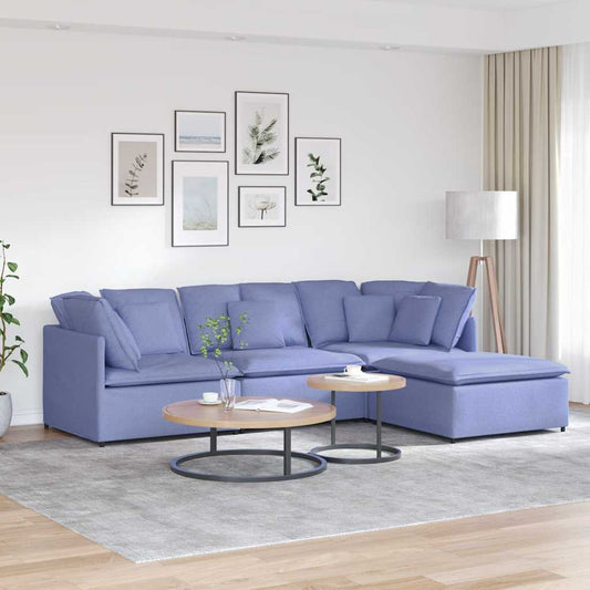 Canapé modulable avec coussin repose-pieds en tissu bleu denim