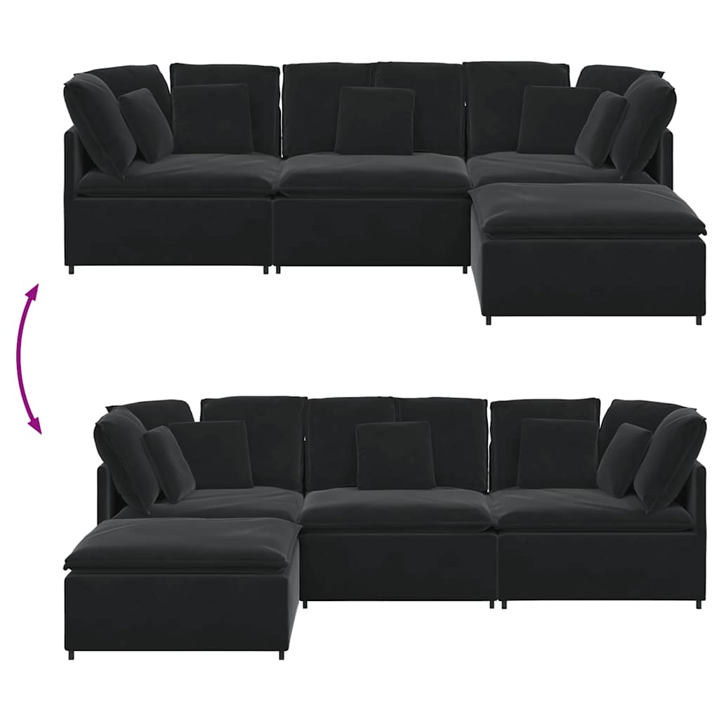 Modulares Sofa mit Fußhocker Kissen Samt Schwarz