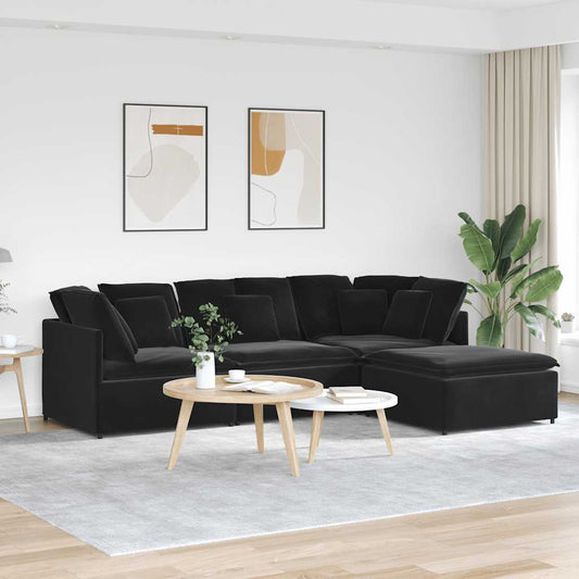 Modulares Sofa mit Fußhocker Kissen Samt Schwarz