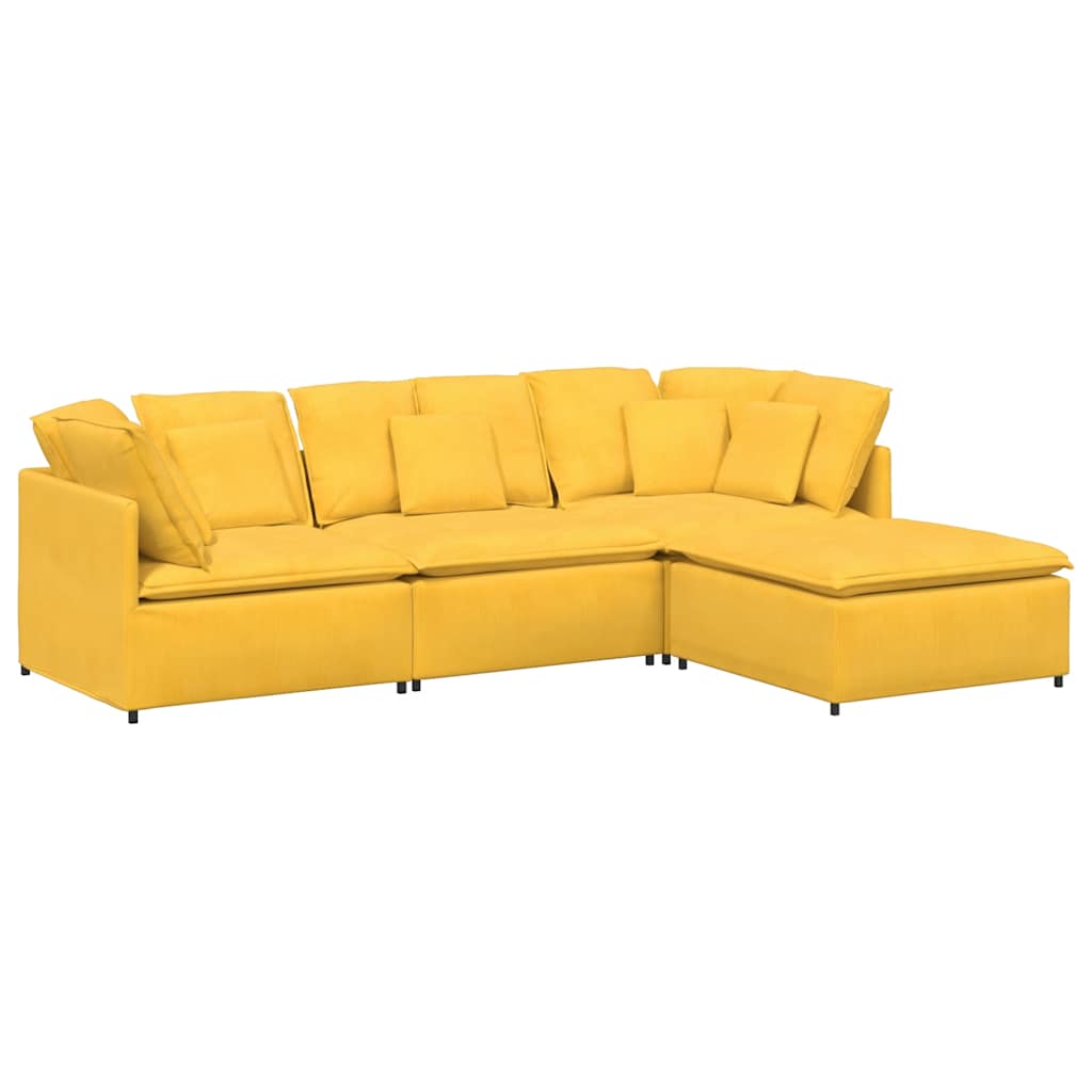 Canapé modulable avec coussin repose-pieds en velours côtelé jaune clair