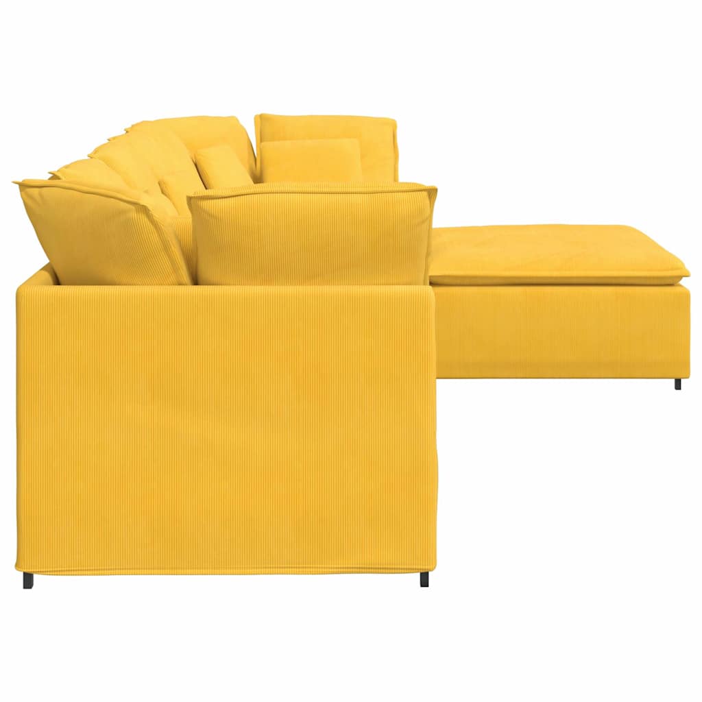 Canapé modulable avec coussin repose-pieds en velours côtelé jaune clair