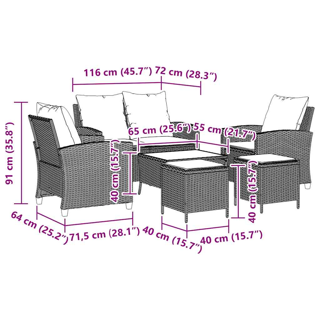 6-tlg. Garten-Sofagarnitur mit Kissen Braun Poly Rattan