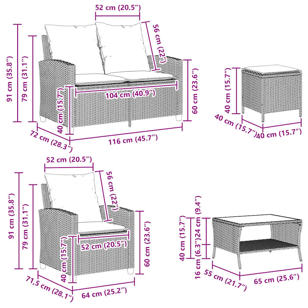 6-tlg. Garten-Sofagarnitur mit Kissen Braun Poly Rattan