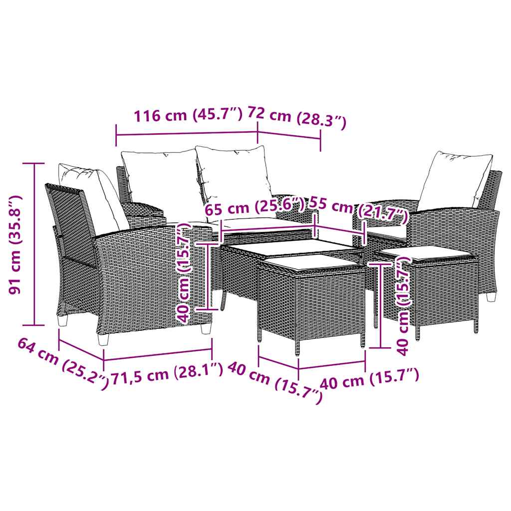 6-tlg. Garten-Sofagarnitur mit Kissen Grau Poly Rattan