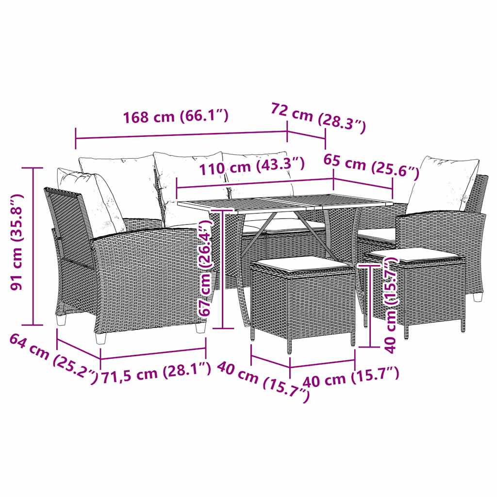 6-tlg. Garten-Sofagarnitur mit Kissen Grau Poly Rattan