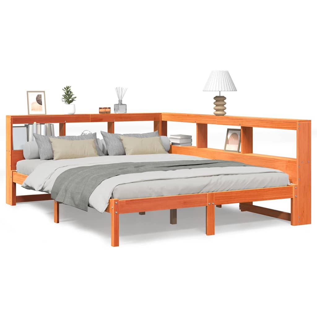 Massivholzbett mit Regal ohne Matratze Wachsbraun 140x200 cm