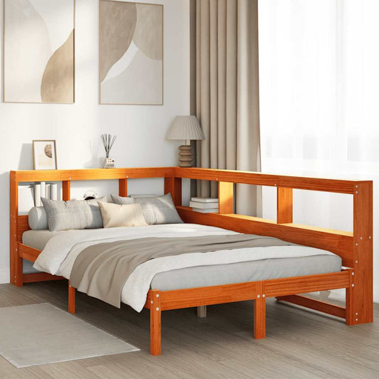 Massivholzbett mit Regal ohne Matratze Wachsbraun 135x190 cm