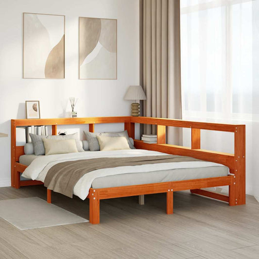 Massivholzbett mit Regal ohne Matratze Wachsbraun 140x200 cm