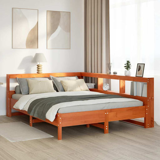 Massivholzbett mit Regal ohne Matratze Wachsbraun 135x190 cm