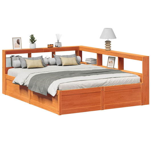 Massivholzbett mit Regal ohne Matratze Wachsbraun 160x200 cm