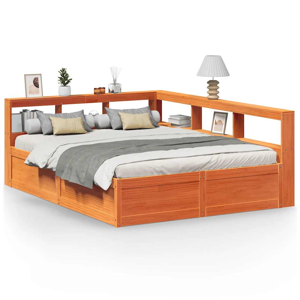 Massivholzbett mit Regal ohne Matratze Wachsbraun 150x200 cm