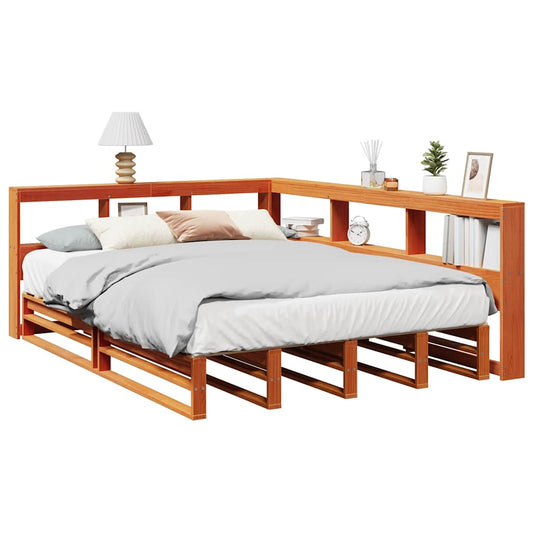 Massivholzbett mit Regal ohne Matratze Wachsbraun 135x190 cm