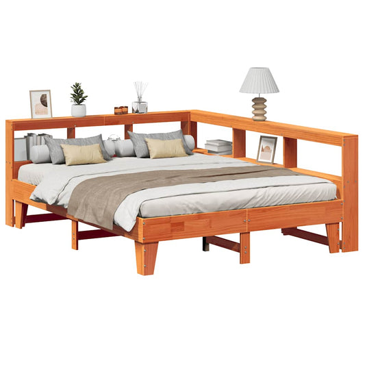 Massivholzbett mit Regal ohne Matratze Wachsbraun 140x200 cm