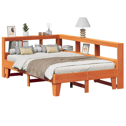 Massivholzbett mit Regal ohne Matratze Wachsbraun 135x190 cm